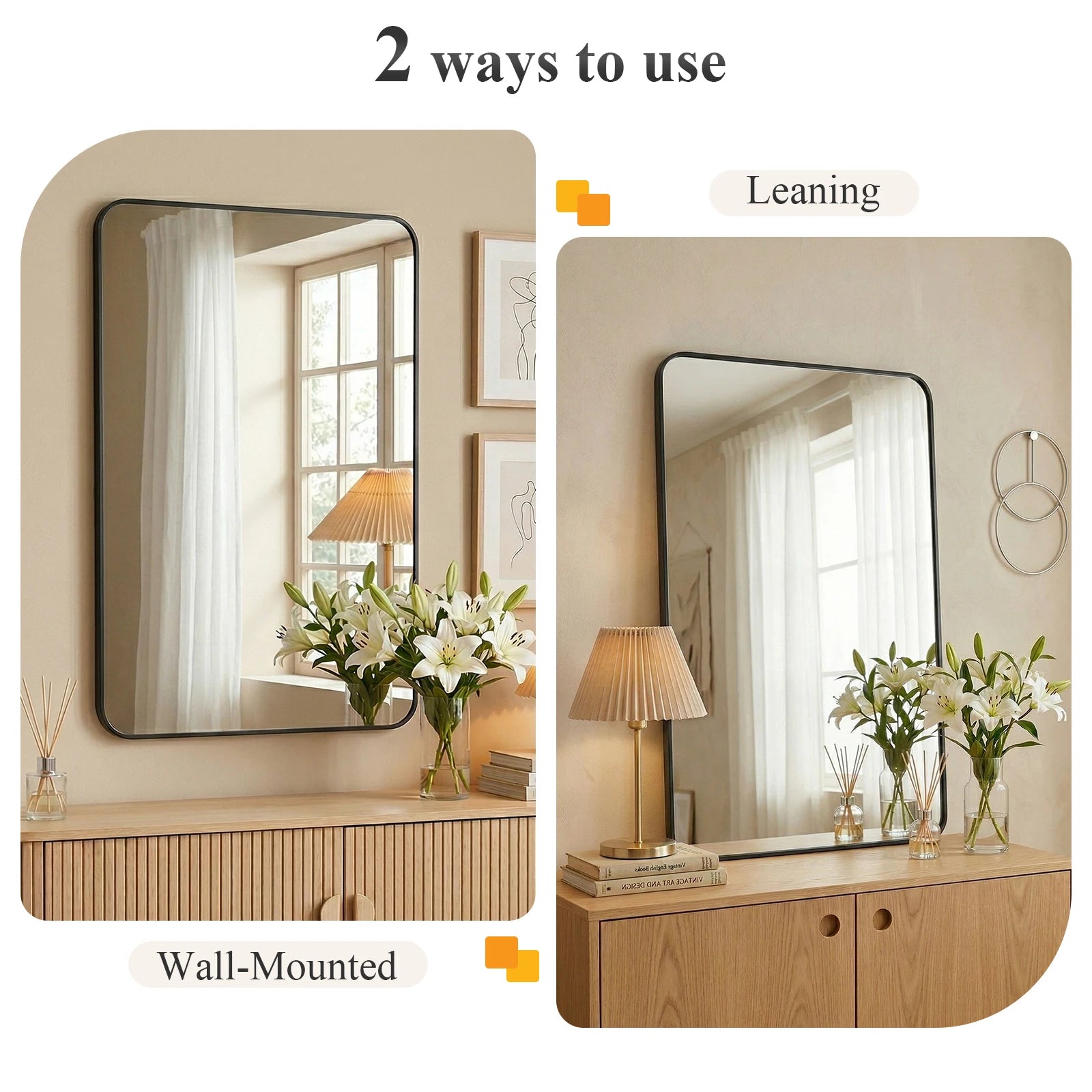 Rounded Rectangle Wall Mirror with Metal Frame, Tempered Glass