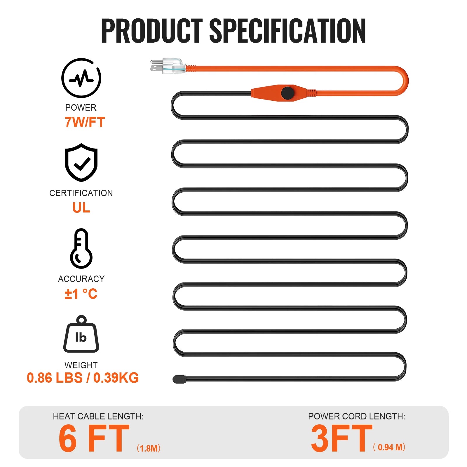 Cable calefactor para tuberías con cinta térmica para protección contra congelación (6FT–30FT)
