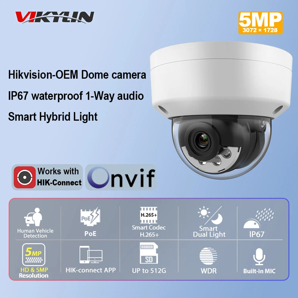 Vikylin Hikvision OEM Dome IP Camera 5/8MP Smart Hybrid Light MD2.0 Outdoor IK10 Video Surveillance Home CCTV Security Camera