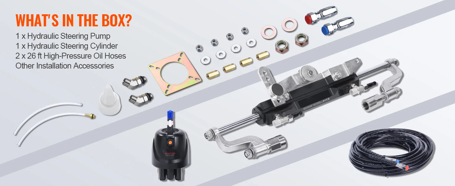 Hydraulic Outboard Steering Kit 90HP–300HP with Pump & 24/26FT Hoses