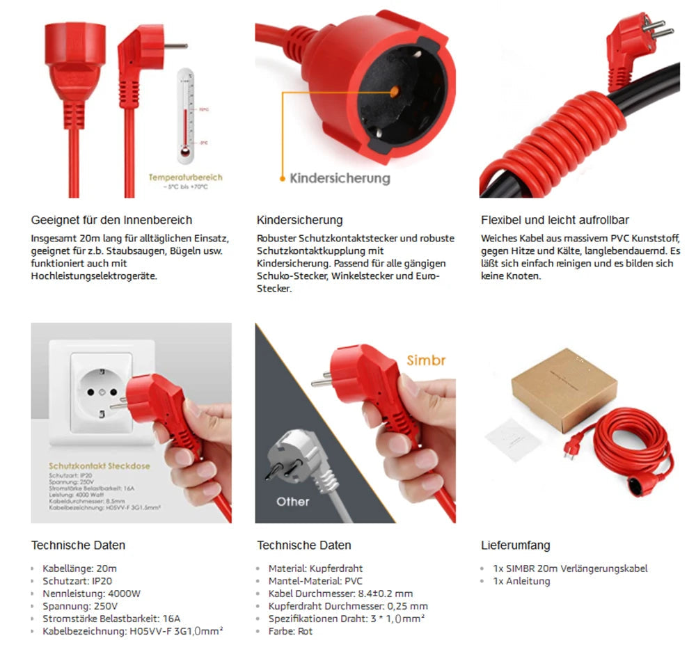 Power Strip Extension Cord 5/10/20m Cable 16A EU Outlets 4000w Electric Schuko 1.0mm Red Indoor Outdoor Plug Sockets Engineering