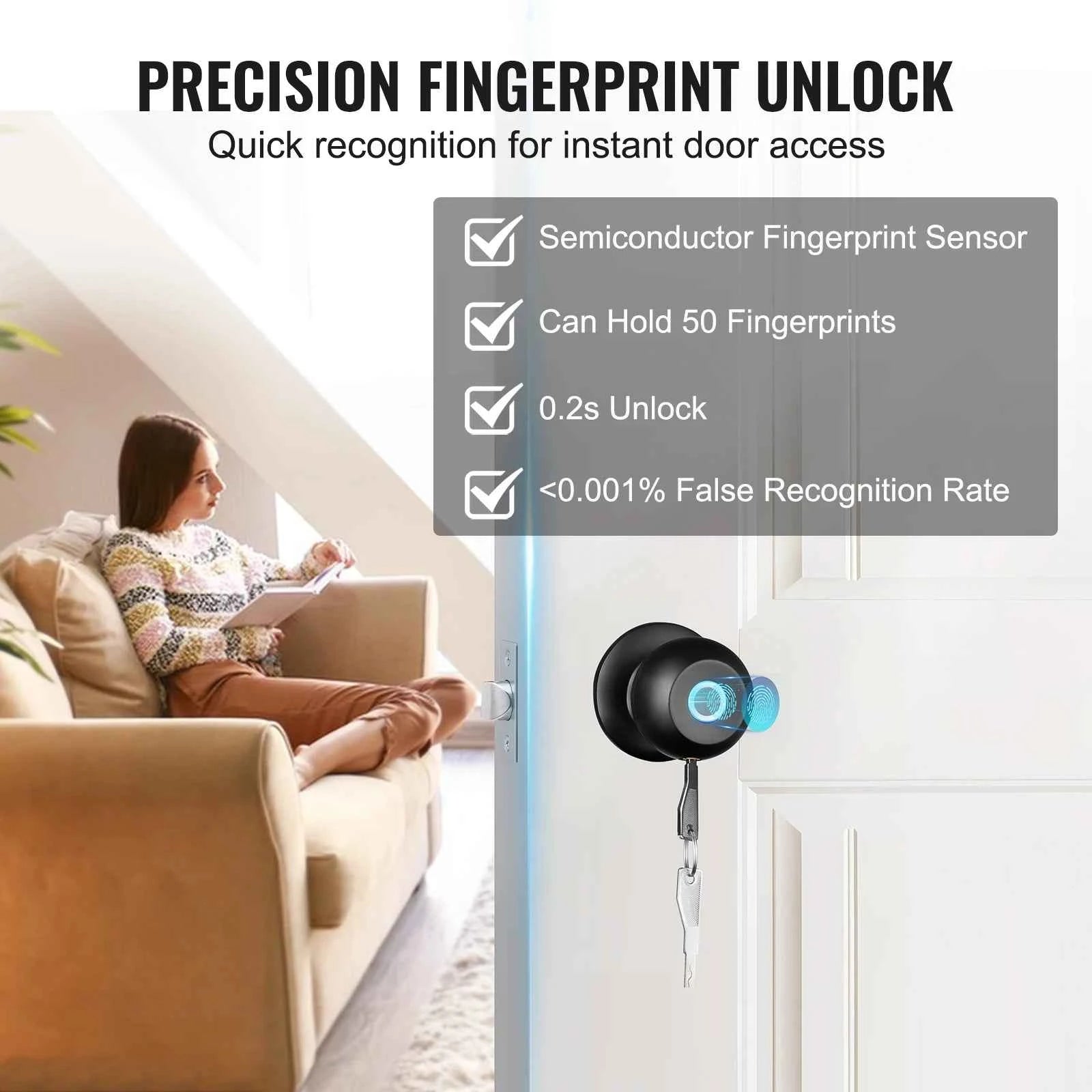 VEVOR Smart Door Knob Biometric Door Lock Bluetooth Smart Lock Fingerprint Smart Lock with APP Control Easy Installation Lock