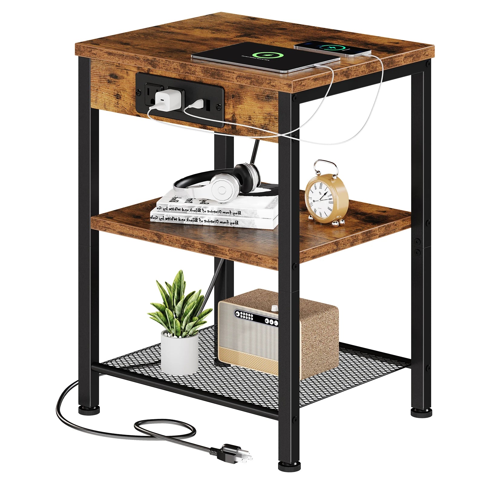 3-Tier Side Table with Charging Station and Adjustable Shelves