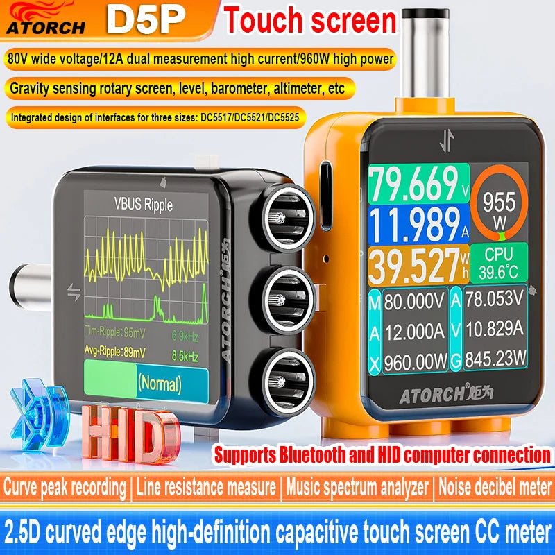 ATORCH D5P Touchscreen-Gleichstromtester DC5.5, DC 4.5-80V 12A, digitaler Voltmeter, Amperemeter, Wattmeter, Batteriekapazitäts- und Leistungsanalysator, Monitor
