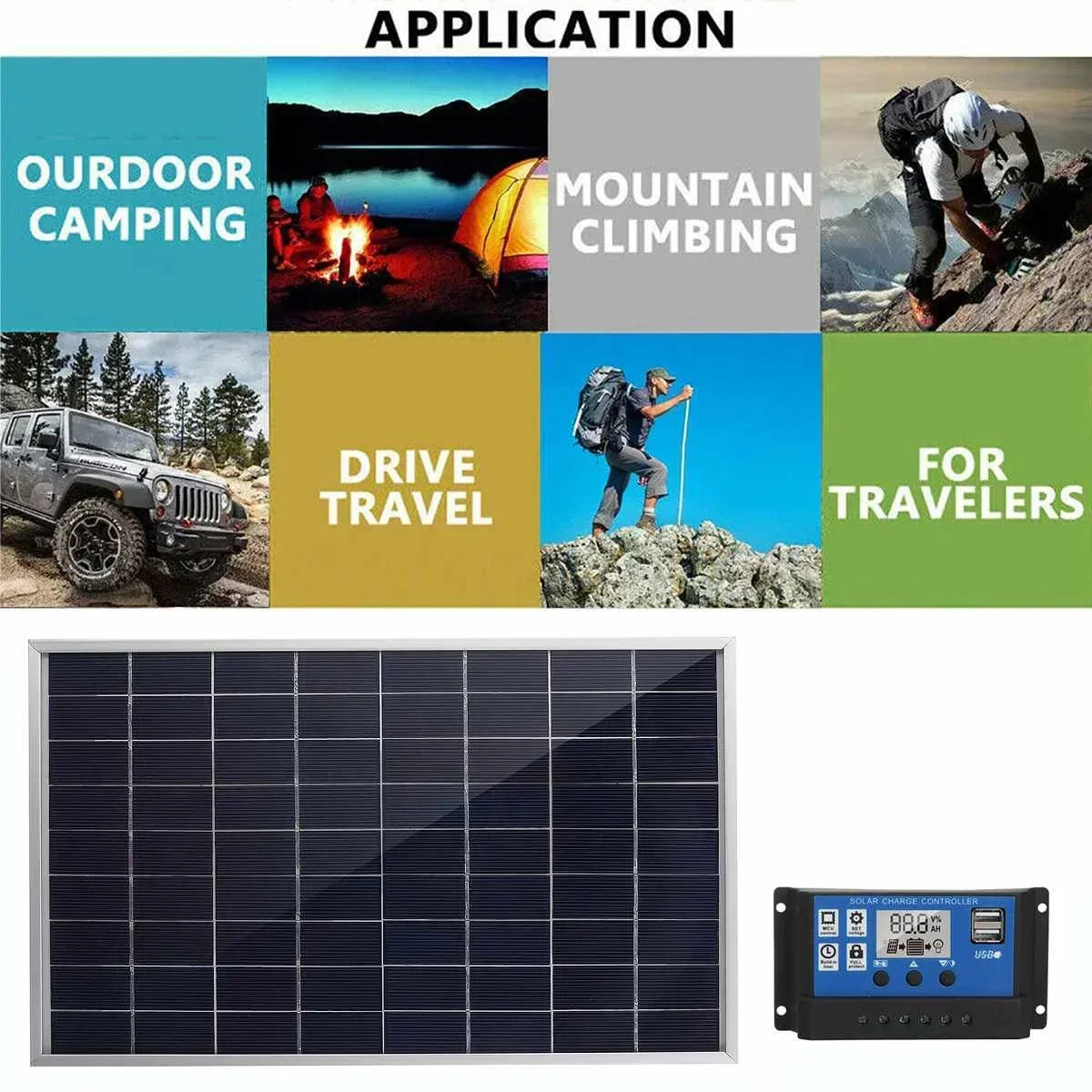 100A Solar Panel Kit Complete12V Polycrystalline Power Portable Outdoor Rechargeable Solar Cell Solar Generator for Home