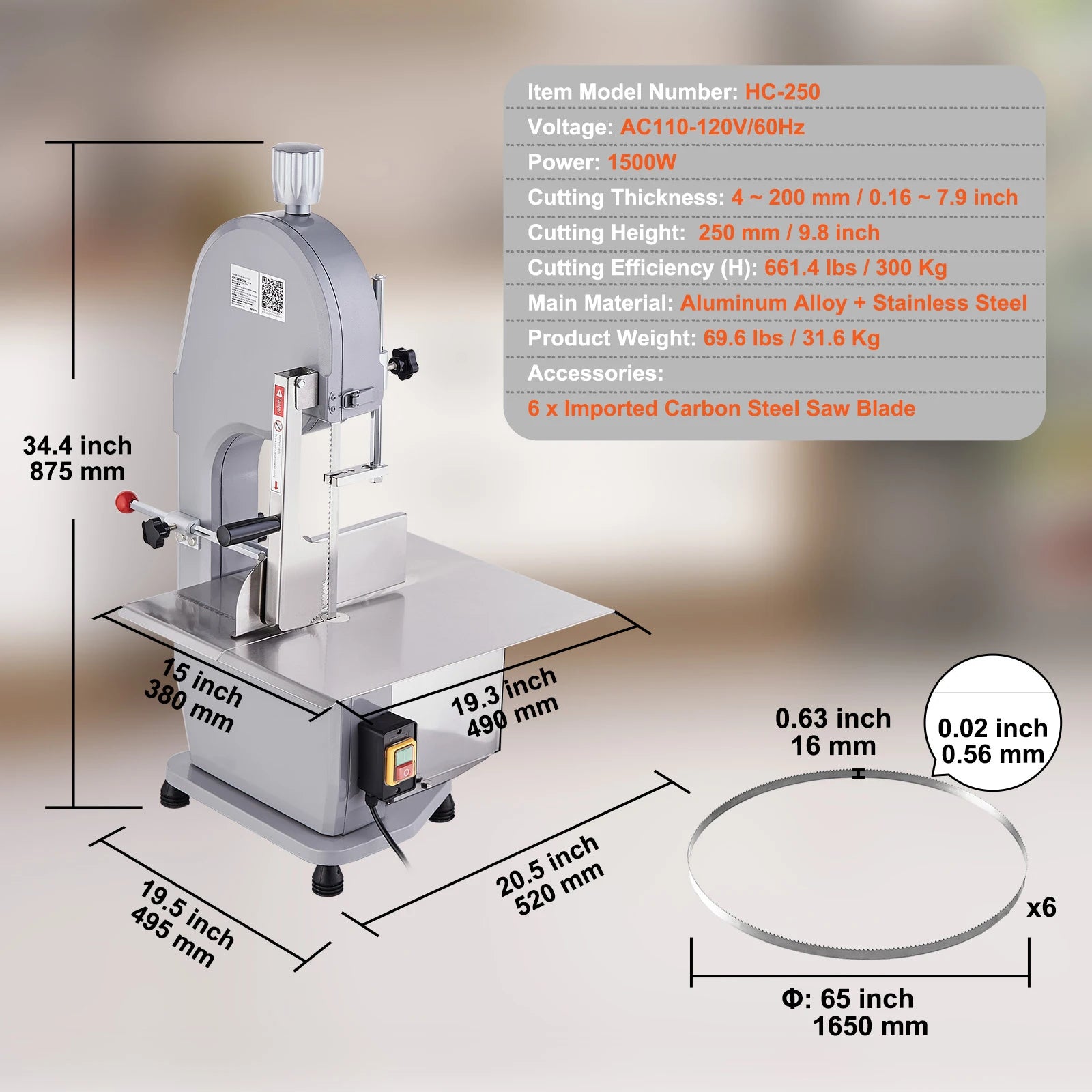 Commercial Electric Meat Bandsaw Stainless Steel Countertop Bone Sawing Machine with 6 Blades