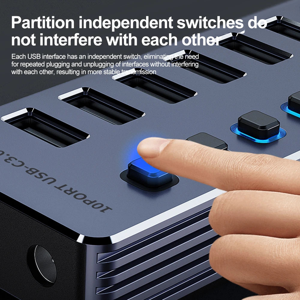 USB-C Hub with Individual Switches, 7 or 10 USB 3.0 Ports
