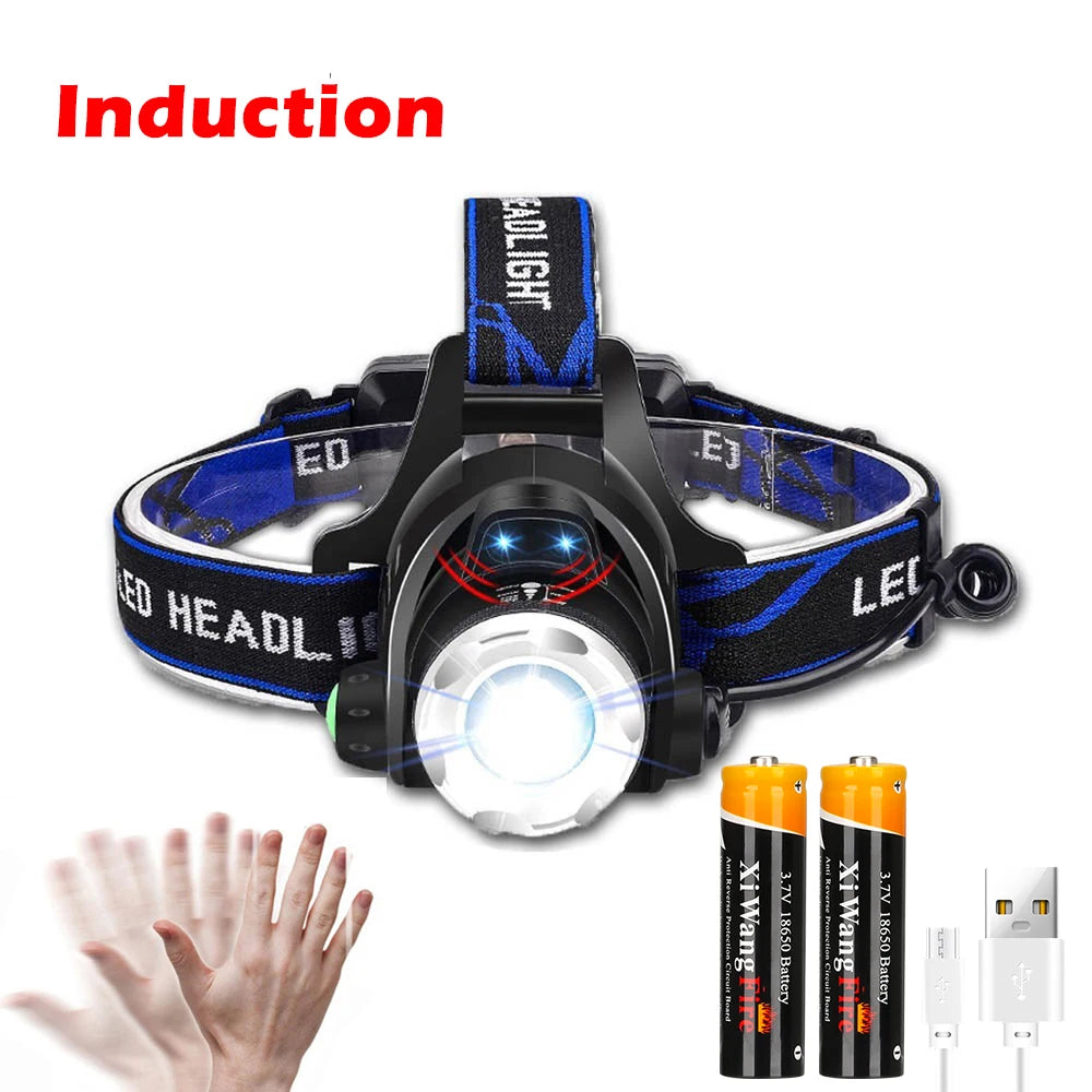 Powerful LED Induction Headlamp USB/DC Rechargeable Headlight Aluminium Alloy Outdoor Waterproof Head Lamp High Lumen Head Torch