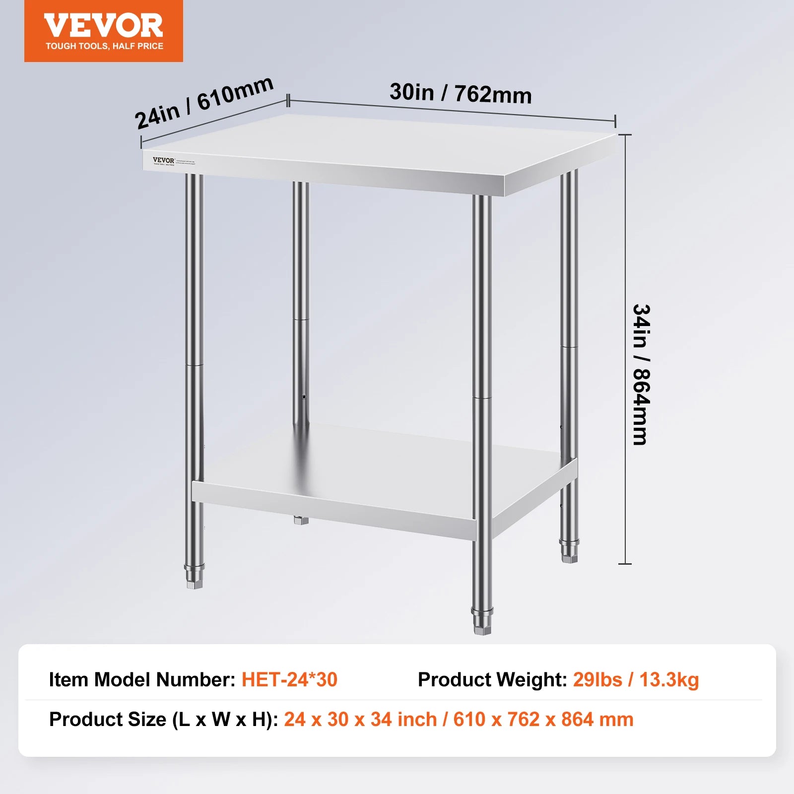 Stainless Steel Prep Table with Adjustable Shelf for Kitchen or Garage