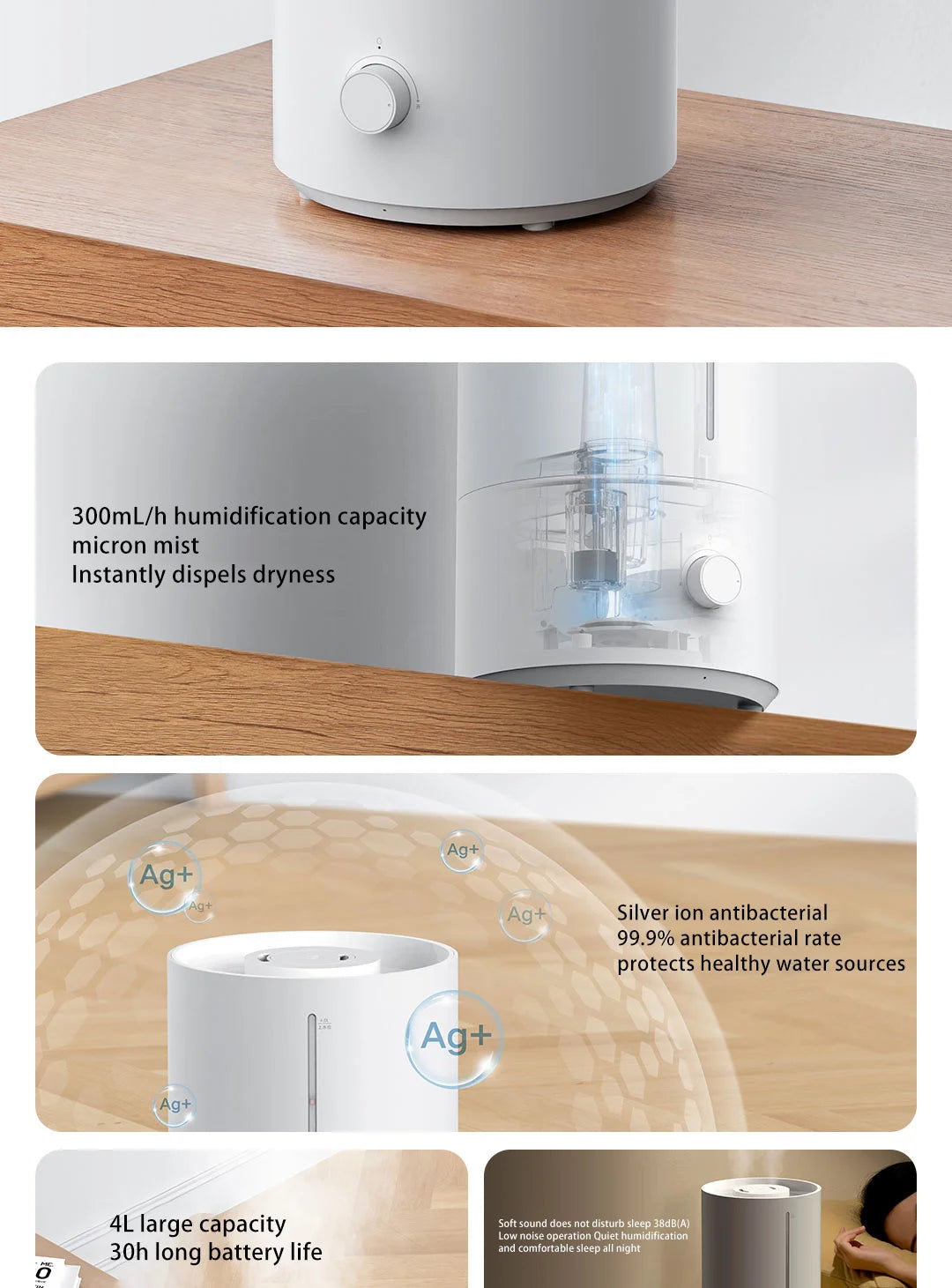 Xiaomi Luftfuktare 2 4L Tyst Dimma Luftfuktighetskontroll 300mL/h