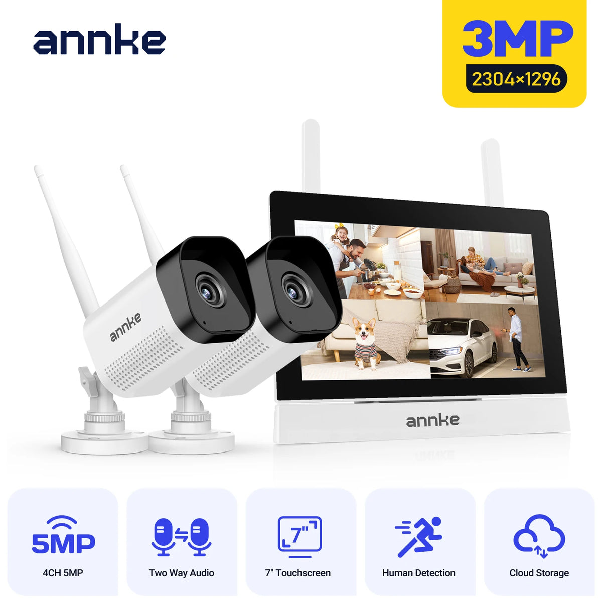 3MP Wireless Security Camera System with 7" Touch Screen, 4CH NVR and 2 Outdoor Cameras