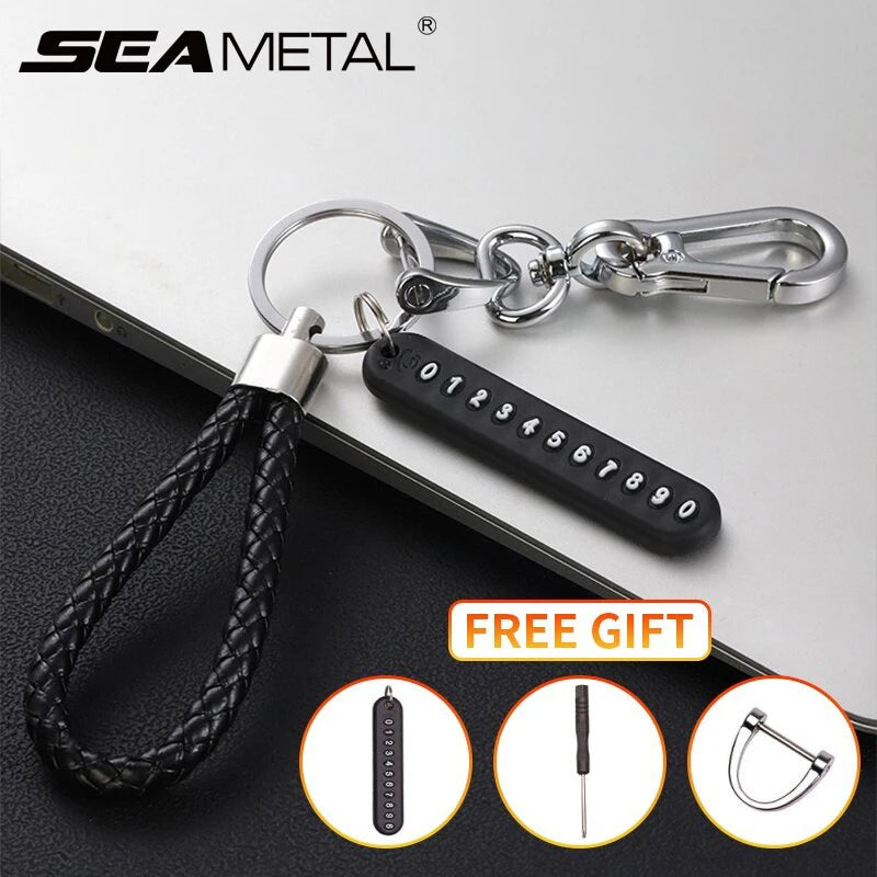 SEAMETAL Luxury Car Key Ring with Phone Number Plate Anti Lost Key Chain Alloy Hook Buckle Universal Keychain with Braided Rope