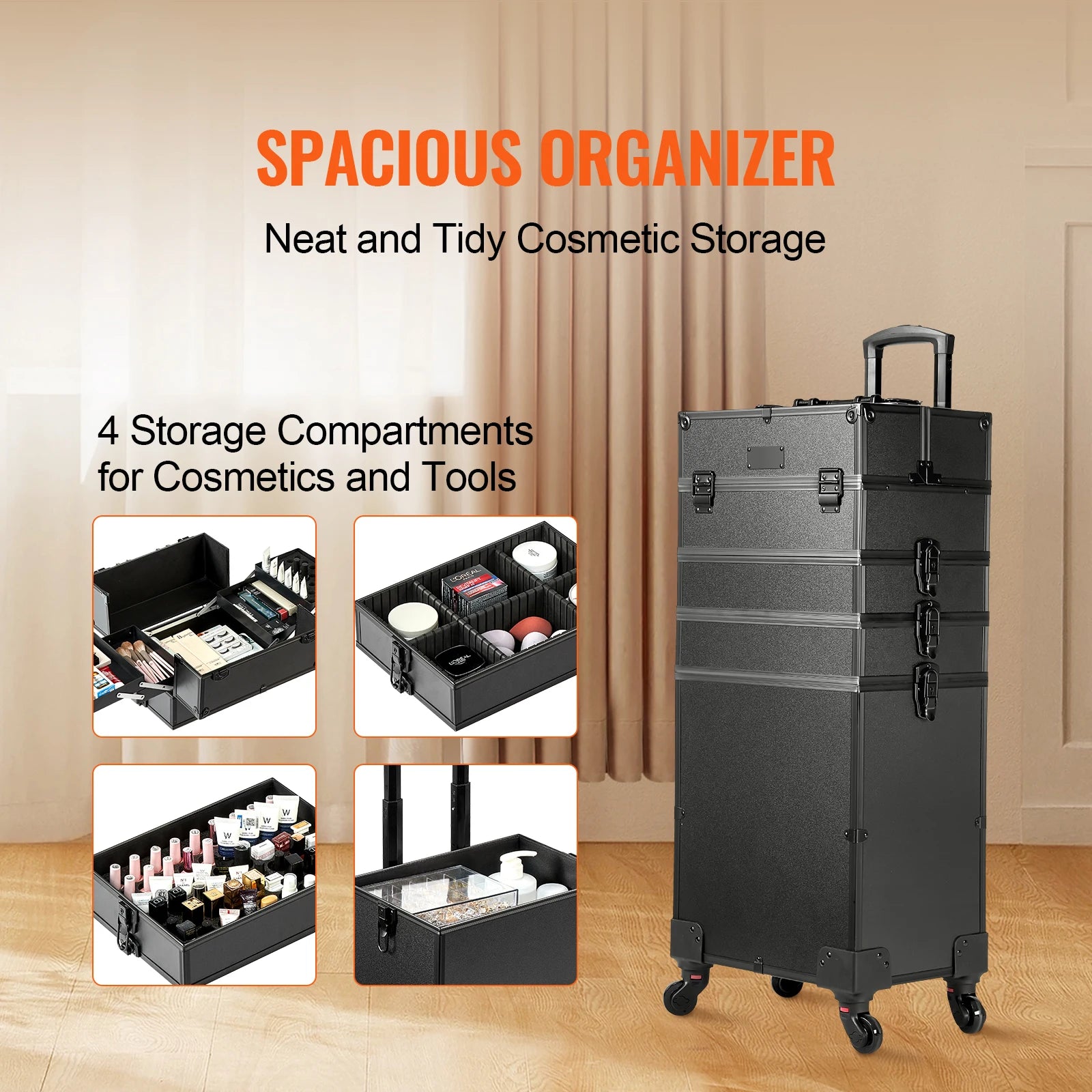 SucceBuy Professional Makeup Train Case Aluminum Cosmetic Case Workbench With Supporting Legs Rolling Makeup Case Extra Large