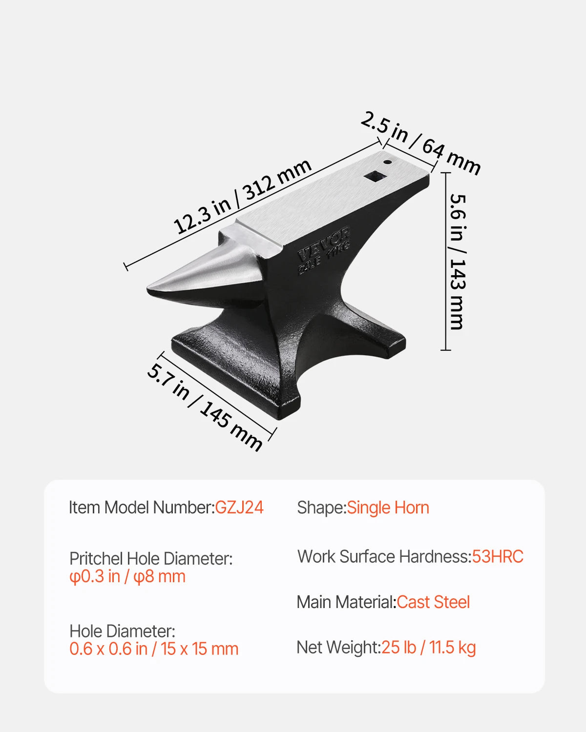 Single Horn Cast Steel Anvil for Blacksmithing and Metalwork