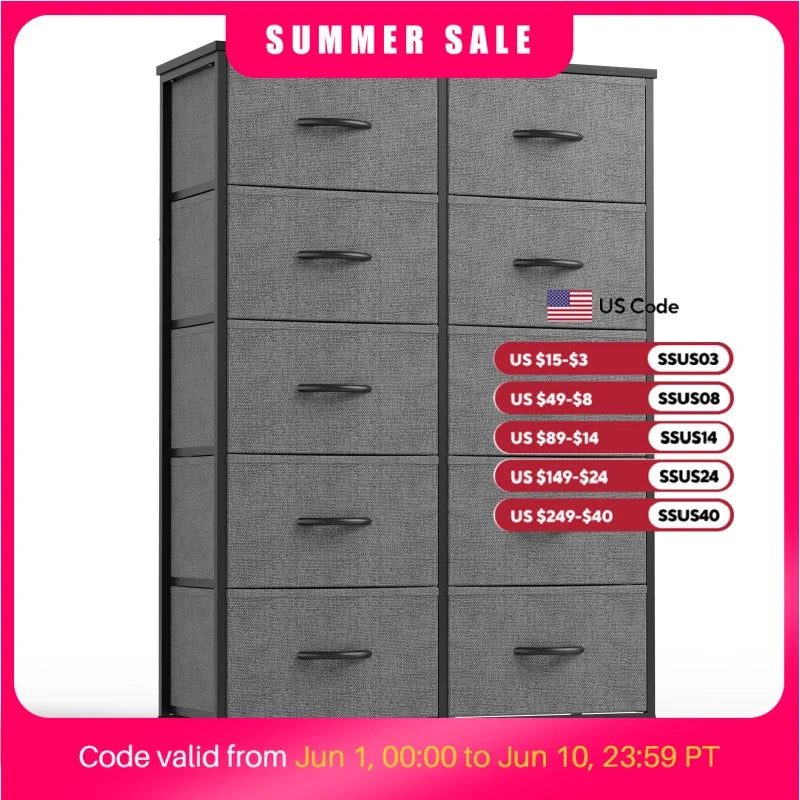 10 Drawer Fabric Dresser Nightstand with Steel Frame Storage