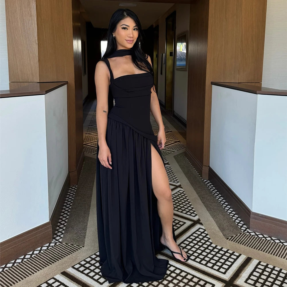 Women's Ruched Maxi Dress with Scarf, Spaghetti Strap Slit