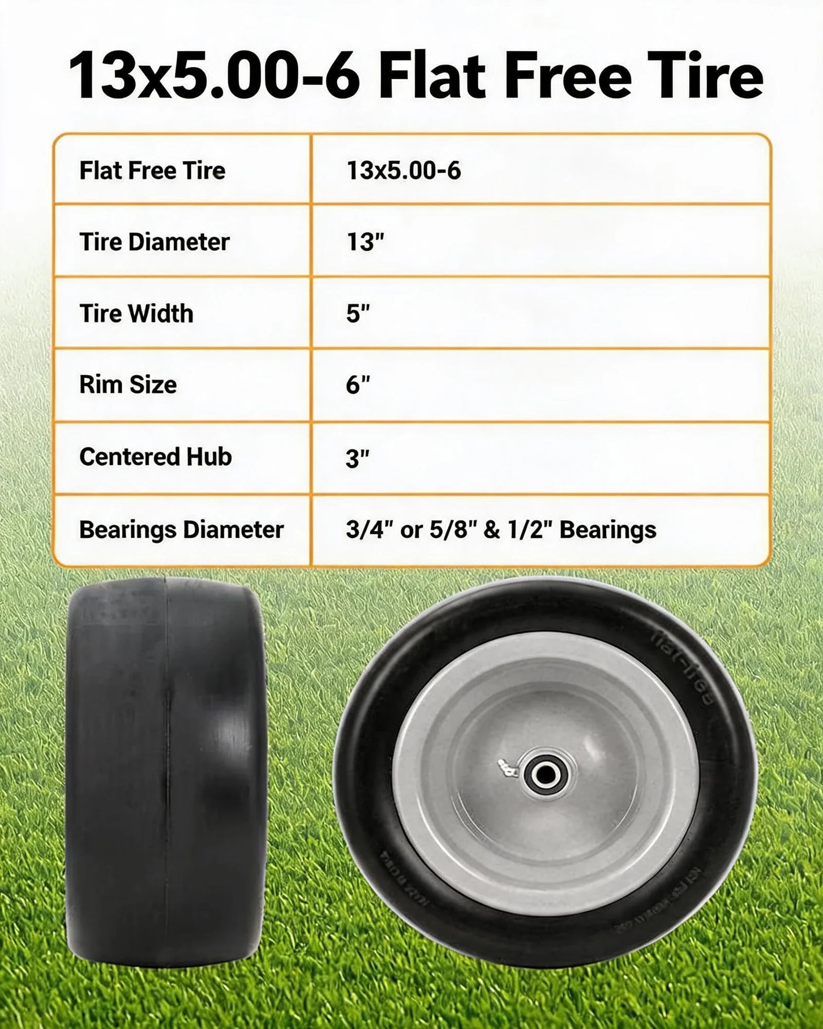 2 Pack Flat Free Zero Turn Mower Front Tires with Bearings
