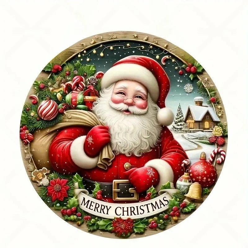 Merry Christmas Winter Snowman Metal Sign - Round Hanging Decoration for Front Door and Home Wall