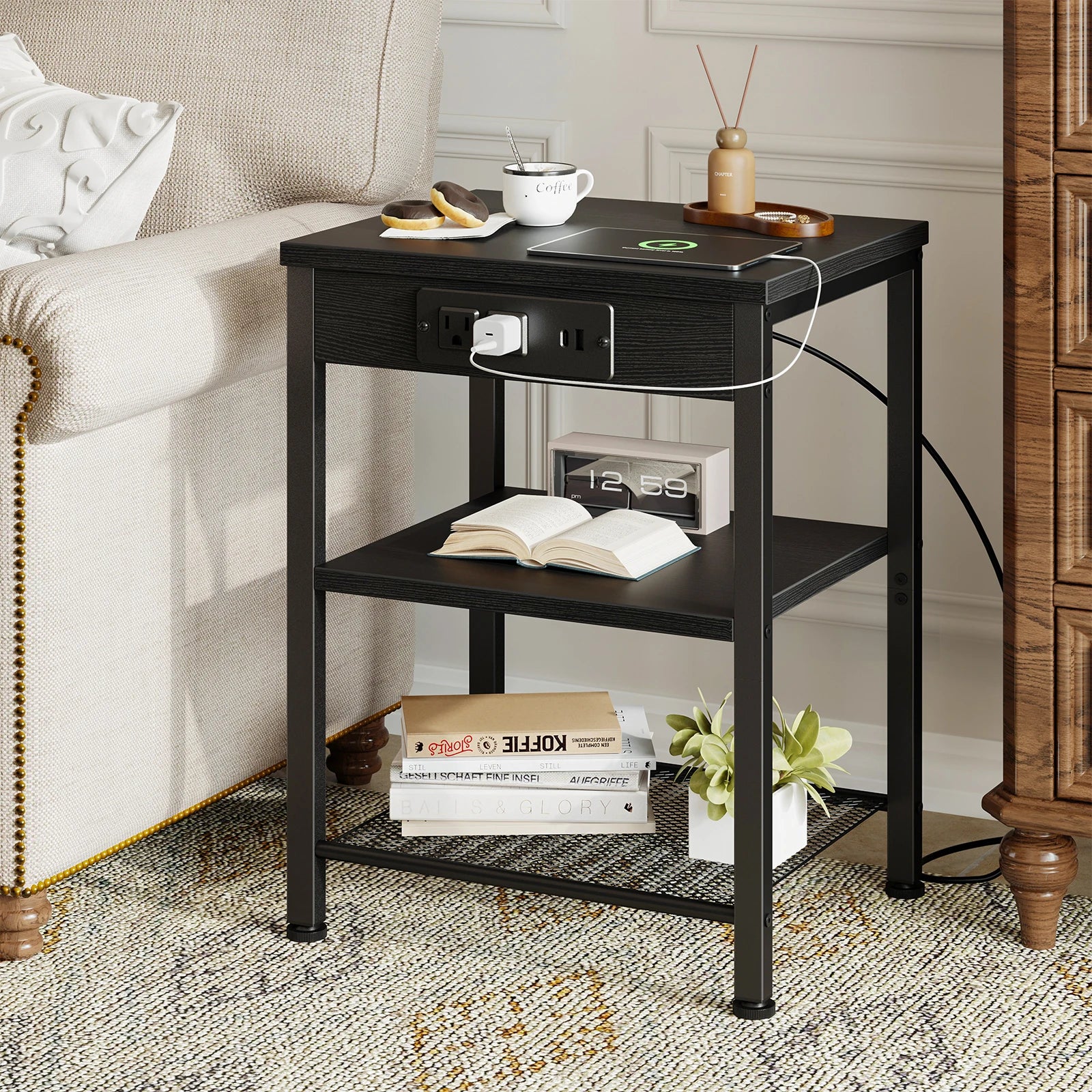 3-Tier Side Table with Charging Station and Adjustable Shelves