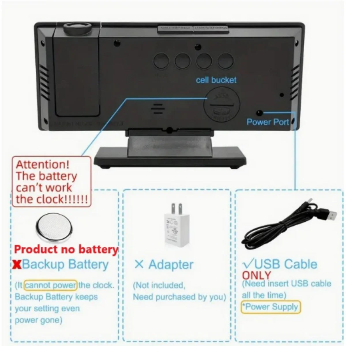 Projection alarm clock multifunction Intelligent luminous clock Bedroom large screen digital clock 180℃ back and celling projec