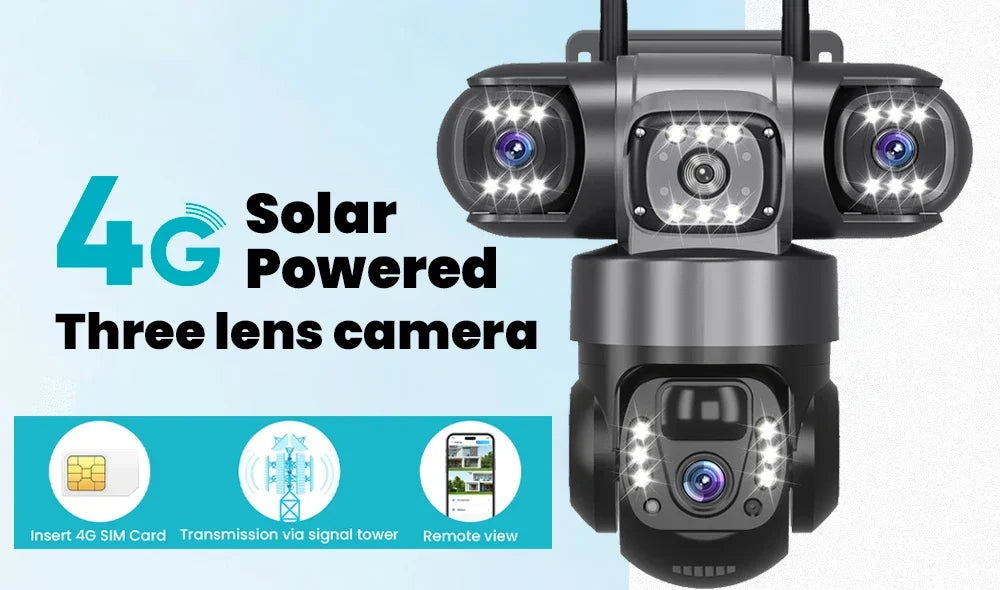 4G Solar Outdoor Security Camera with Triple Lens and PIR Detection