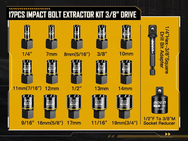 17-Piece Impact Bolt Extractor Kit for Damaged Bolts