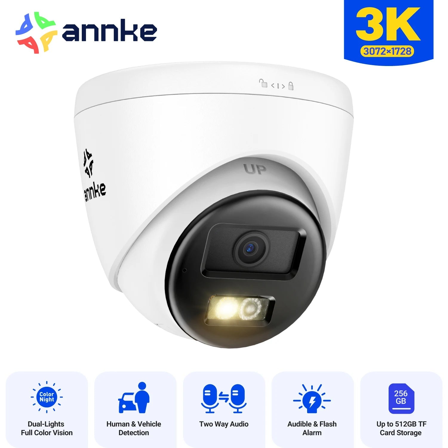 ANNKE 3K IR Network Security IP Camera Two-Way Audio Support flashing/ Audio alarm Smart Dual-Light Waterproof POE Camera 2.8 mm