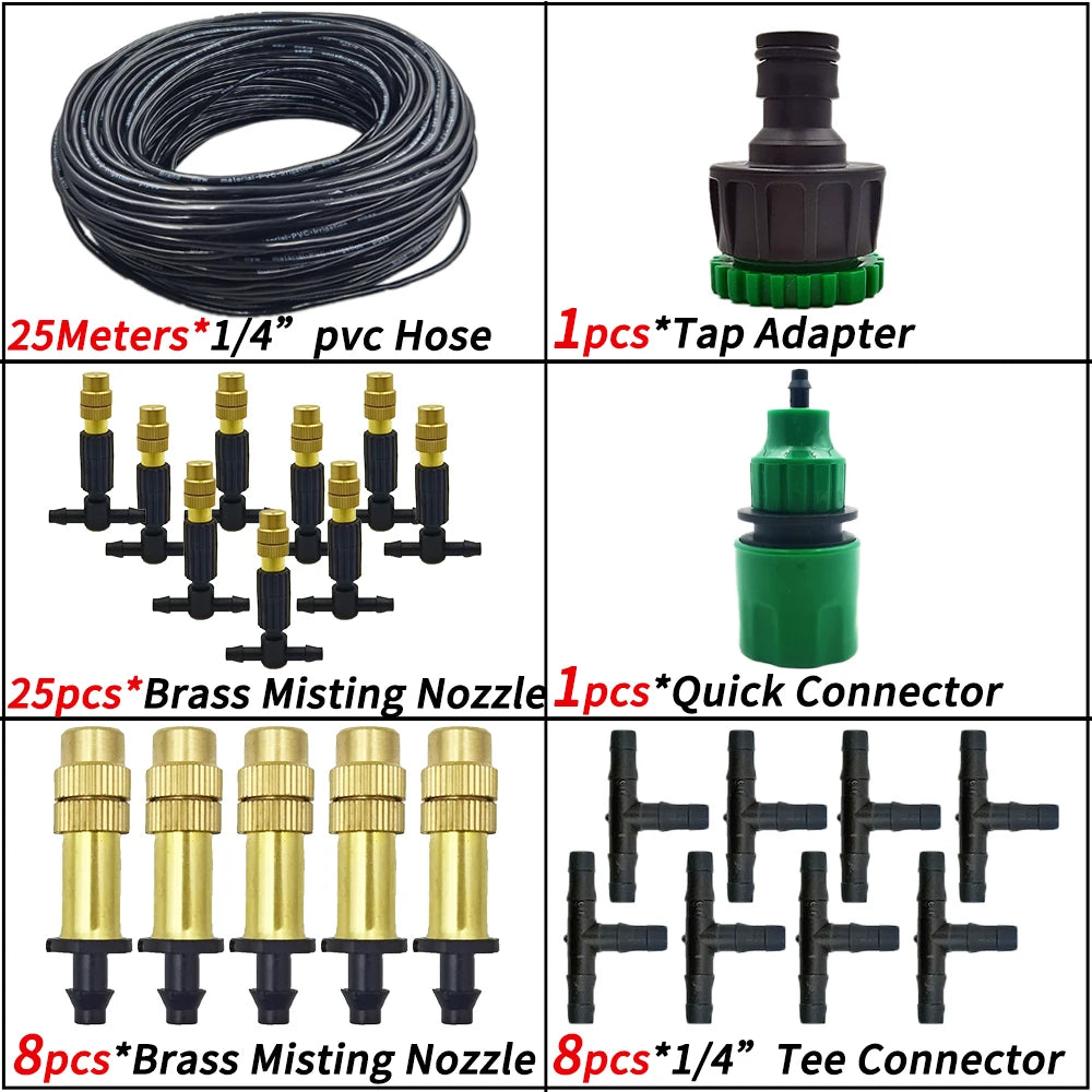 15M-30M Outdoor Misting Cooling System Garden Irrigation Watering 1/4'' Brass Atomizer Nozzles 4/7mm Hose for Patio Greenhouse