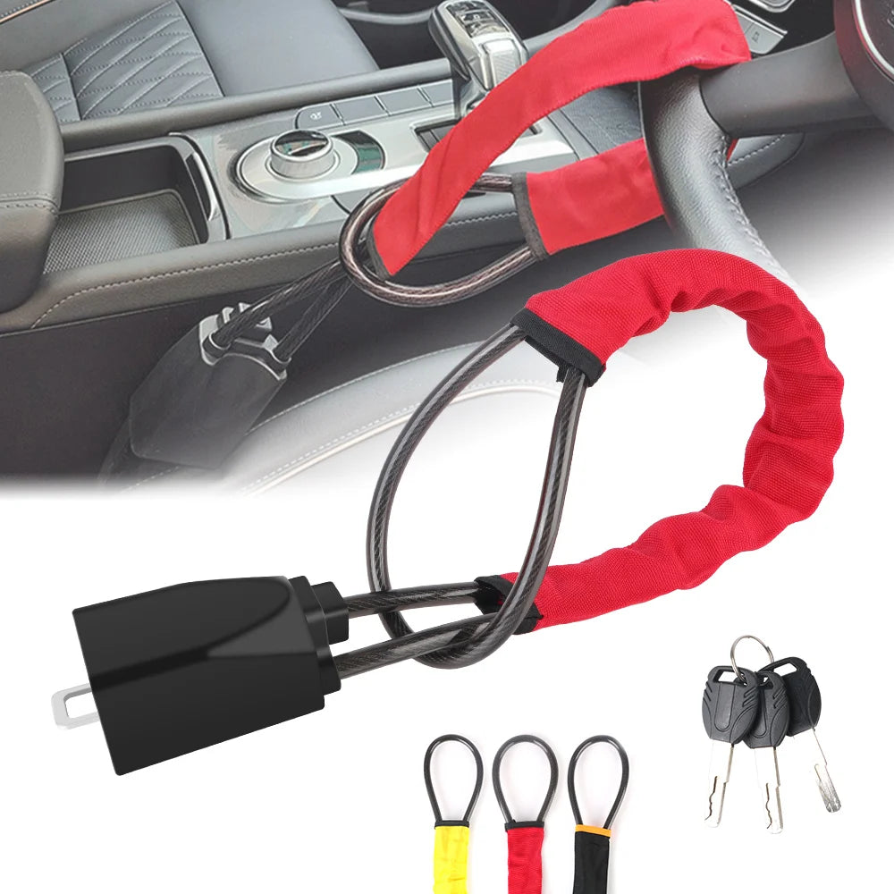 SEAMETAL Car Steering Wheel Lock Universal Antitheft Device Auto Seat Belt Buckle Lock Rope Steel Cable for Car Truck SUV Van RV