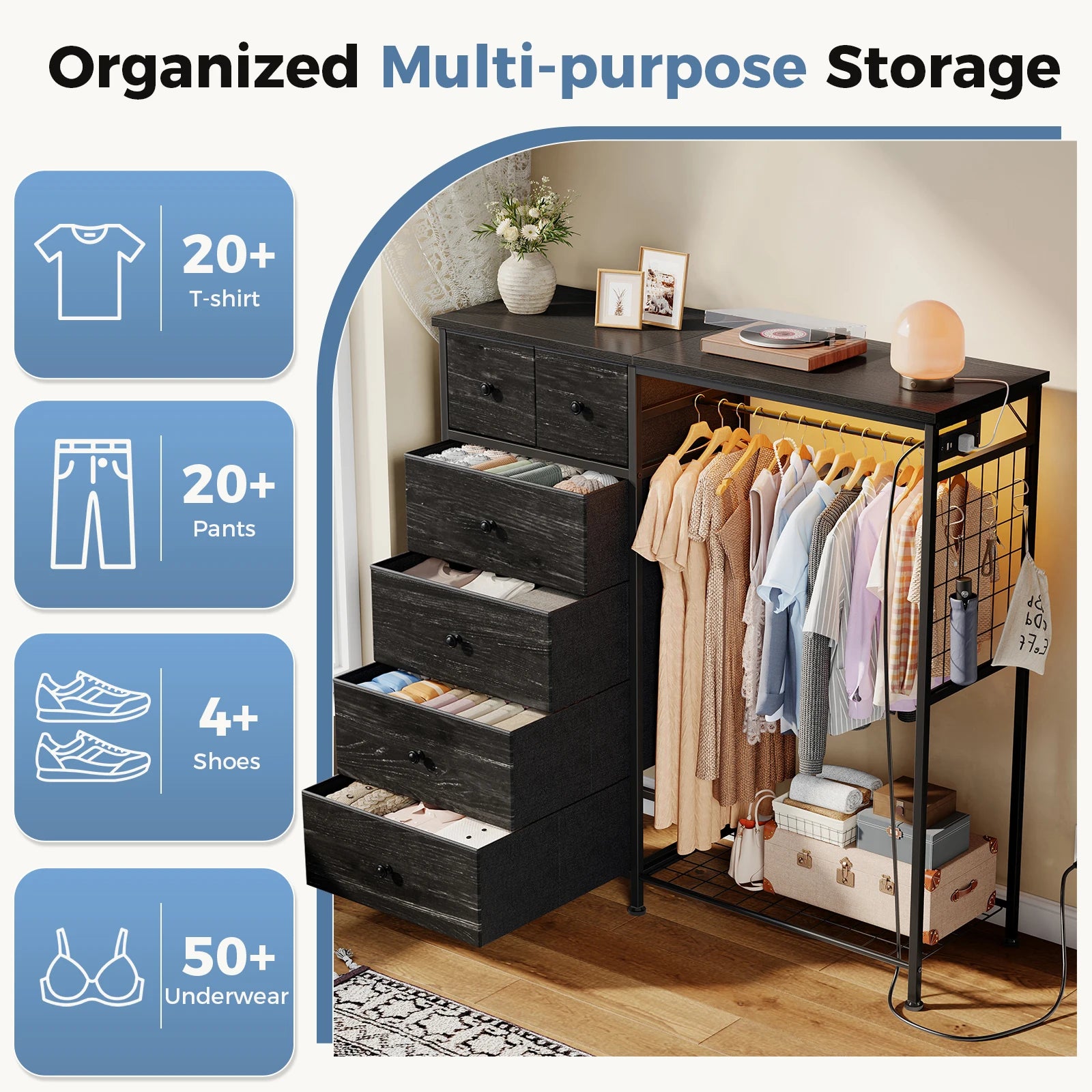 6-Drawer Fabric Dresser with Hanging Rack, LED Lights & Charging Station