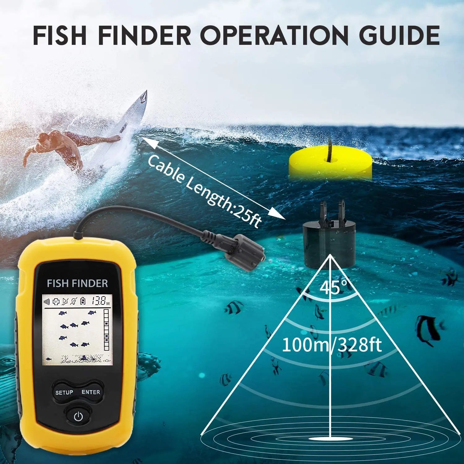 Alarm 100M Portable Sonar Fish Finders 45 degrees Sonar Coverage Echo Sounder Alarm Transducer Lake Sea Fishing