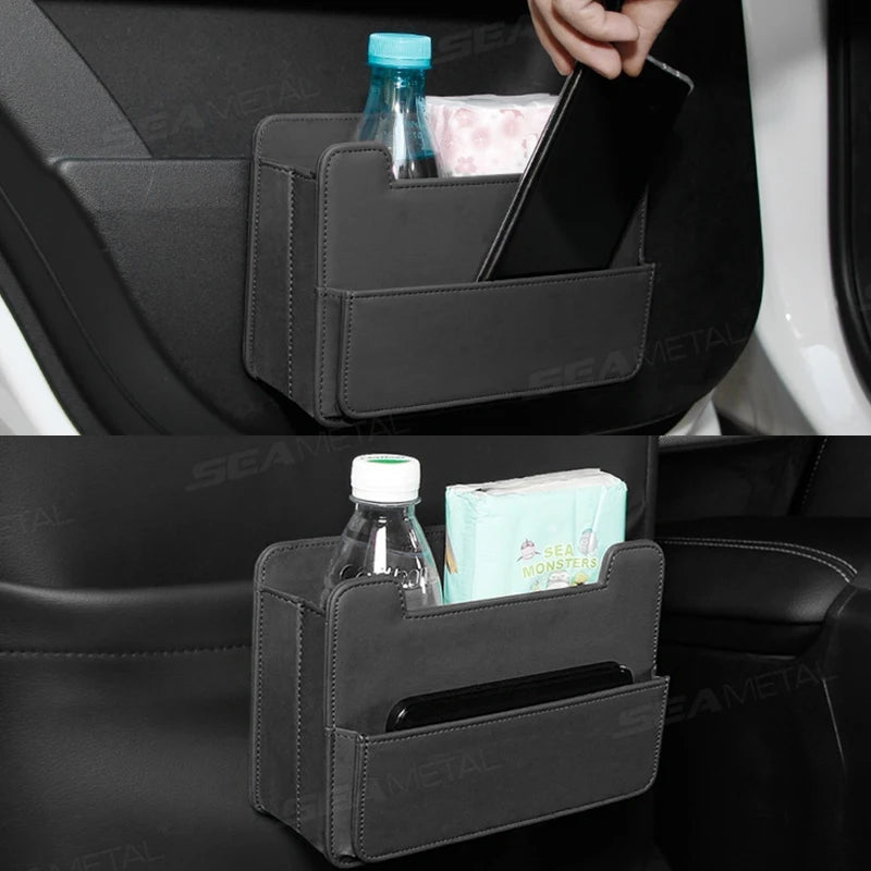 SEAMETAL Tiny Car Trash Can with Pocket Waterproof PU Leather Seat Back Storage Bag Foldable Hanging Car Organizer Dustbin Bin