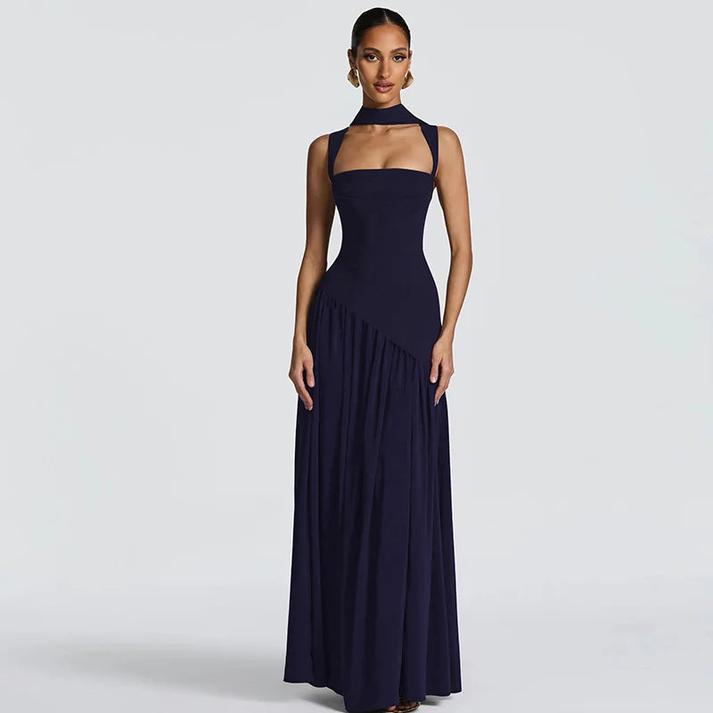Elegant Sleeveless High Waist Slit Dress with Belted Sash