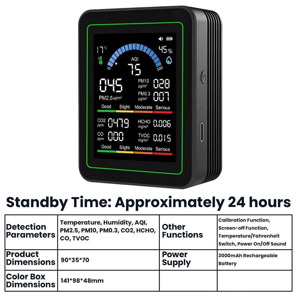 Monitor de calidad del aire 10 en 1, medidor de CO2, CO, TVOC, HCHO, PM2.5, PM1.0, PM10, medición de temperatura y humedad, detector de dióxido de carbono