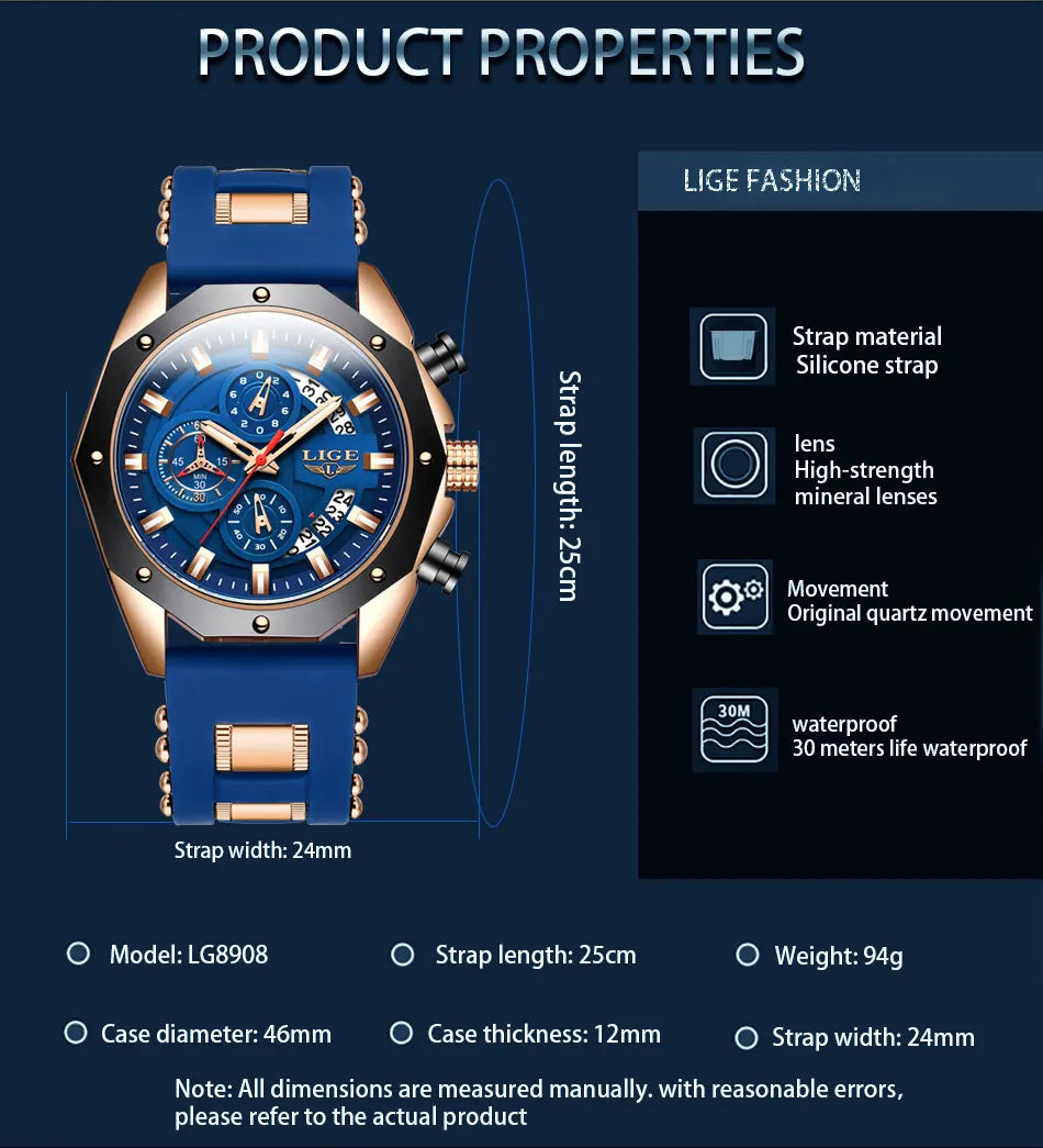 LIGE Fashion Men Watches Top Brand Luxury Silicone Sport Watch Men Quartz Date Clock Waterproof Wristwatch Chronograph Clock Man