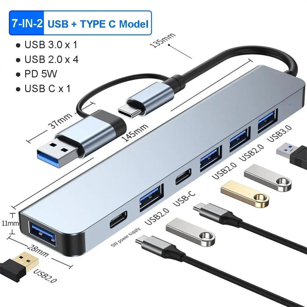 Viacportový rozbočovač USB-A/USB-C, štyri možnosti rozloženia