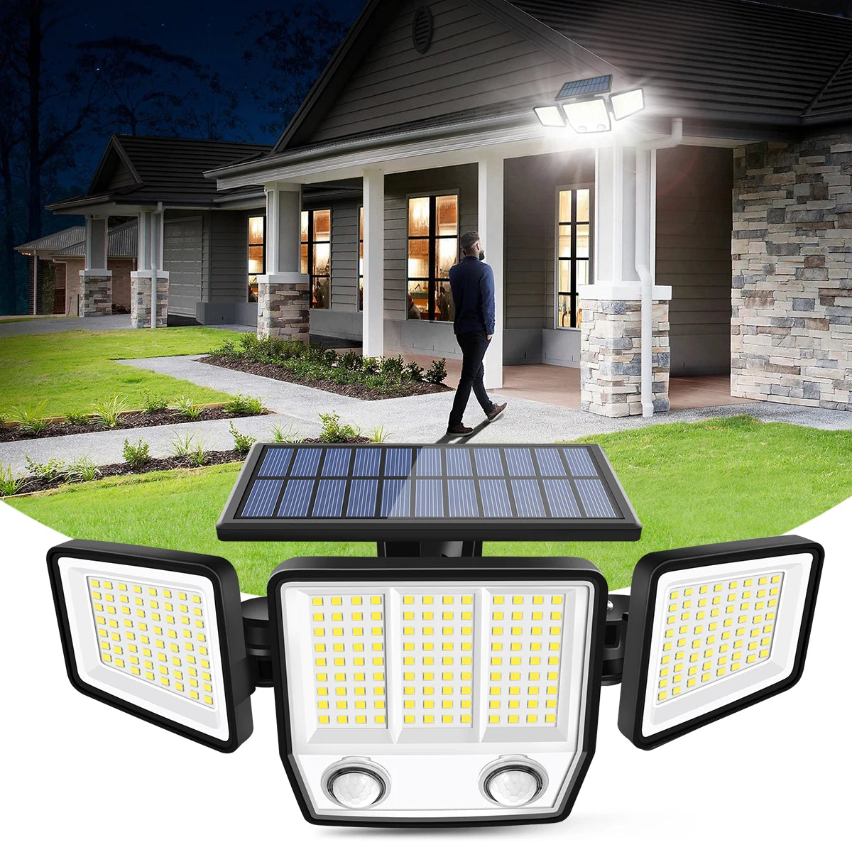 Solar Lights Outdoor Waterproof Super Bright Cordless Solar Motion Sensor Light 3 Adjustable Heads 270° Wide Angle Illumination