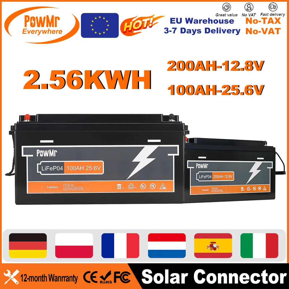 PowMr 25.6V 100Ah life 4 Battery 2560Wh Deep Cycle Lithium Iron Phosphate build-in BMS 6000 Cycles 100A Max Charge/Discharge for Solar Energy Storage RV Marine Boat Off-Grid System Replacement of LED Acid Battery