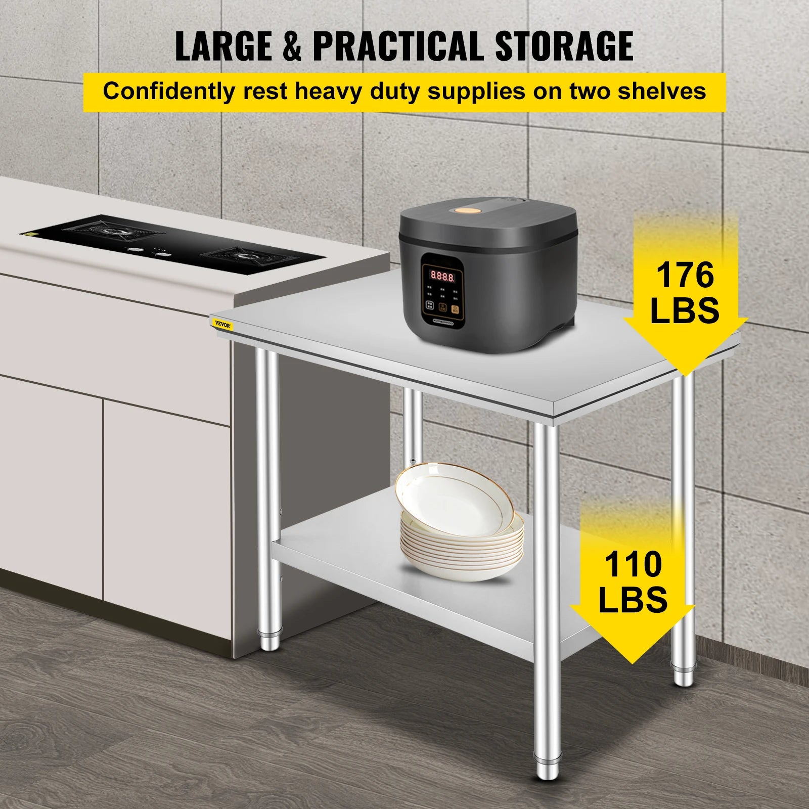 Stainless Steel Kitchen Prep Table with Undershelf, 286–330 lb Capacity