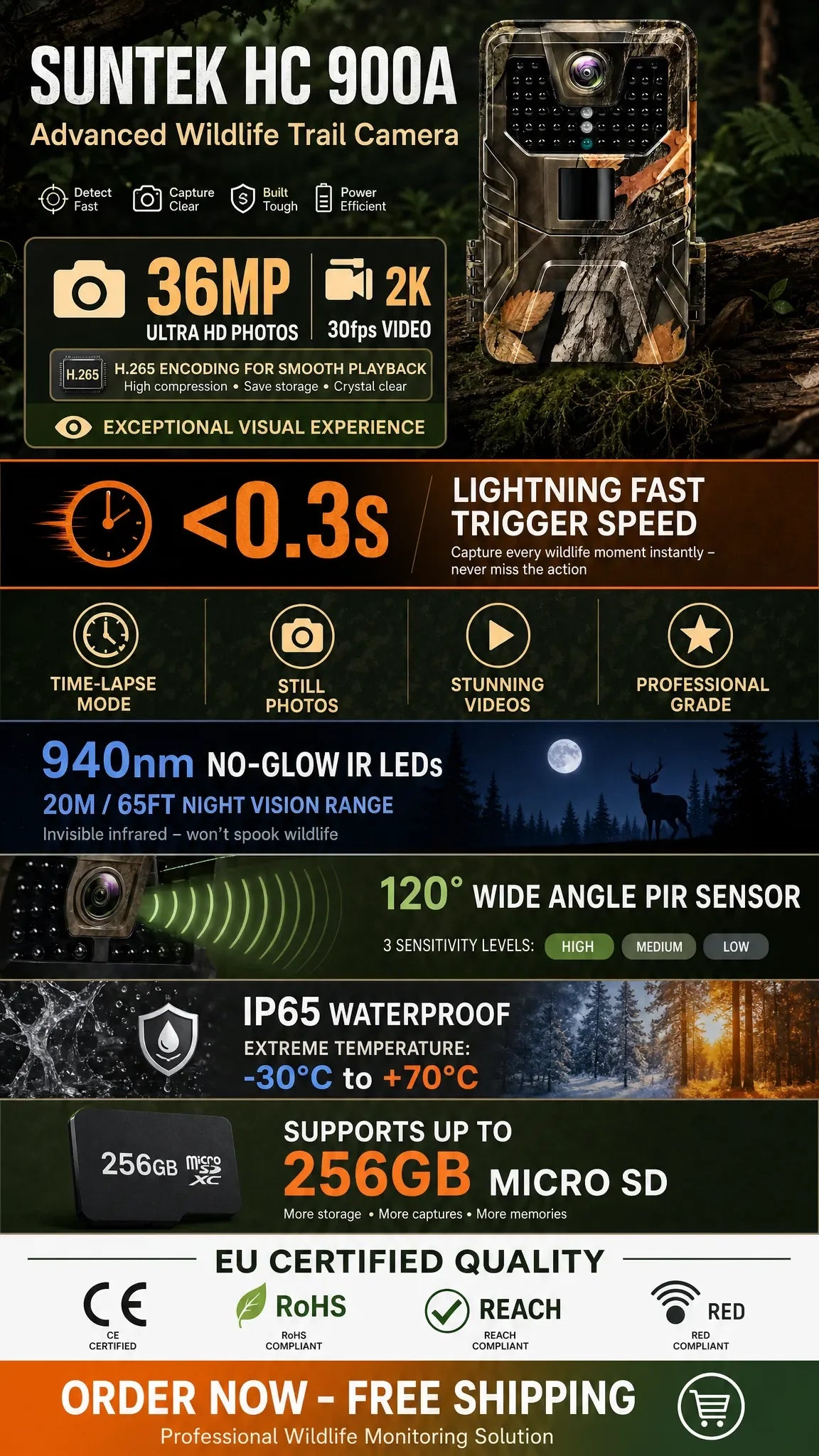 36MP 2K Trail Camera with 120° Detection and No Glow Night Vision