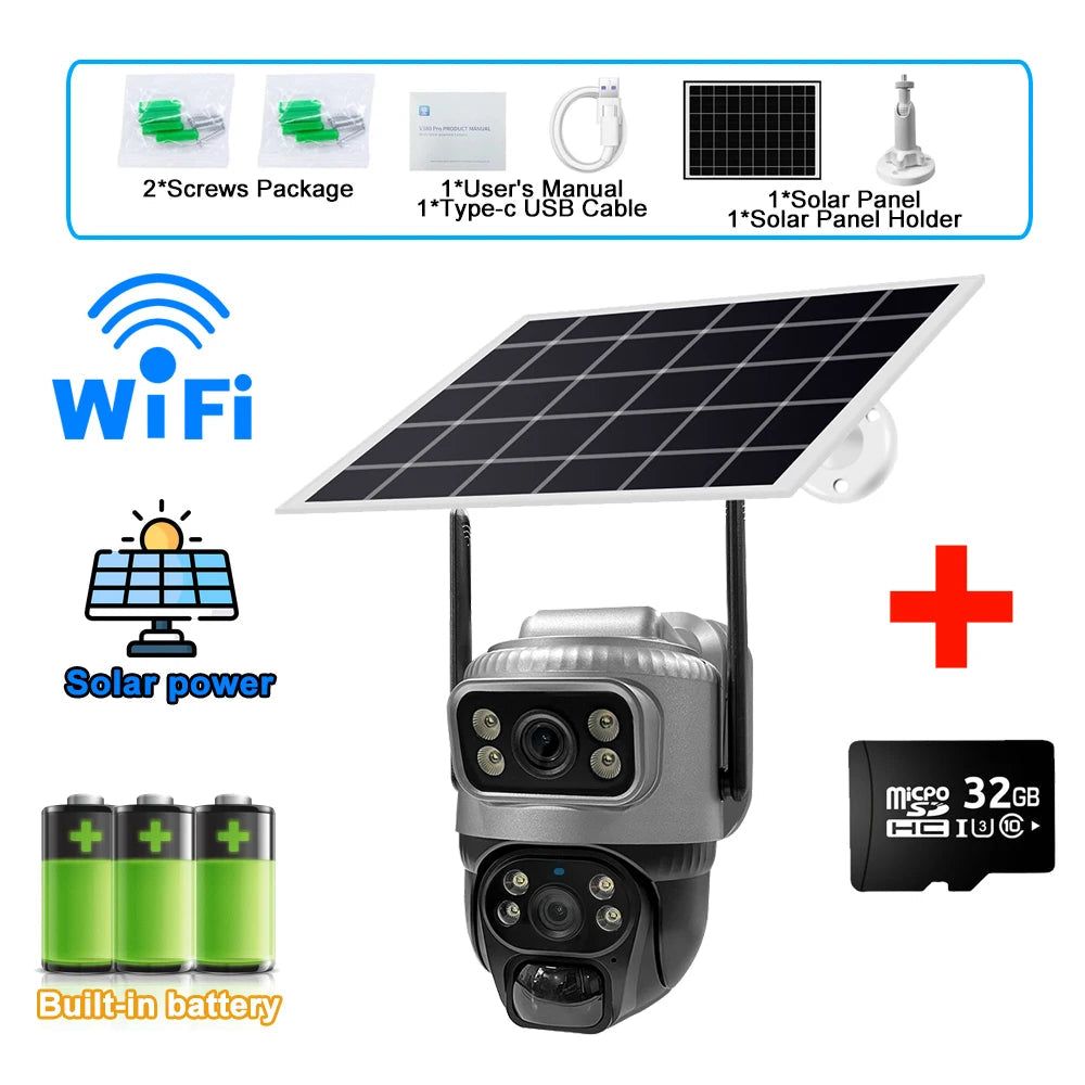 8MP 4K Solar Camera 4G Wifi Outdoor Dual Lens PIR Human Detection Night Vision Waterproof Security Solar Battery CCTV Monitor