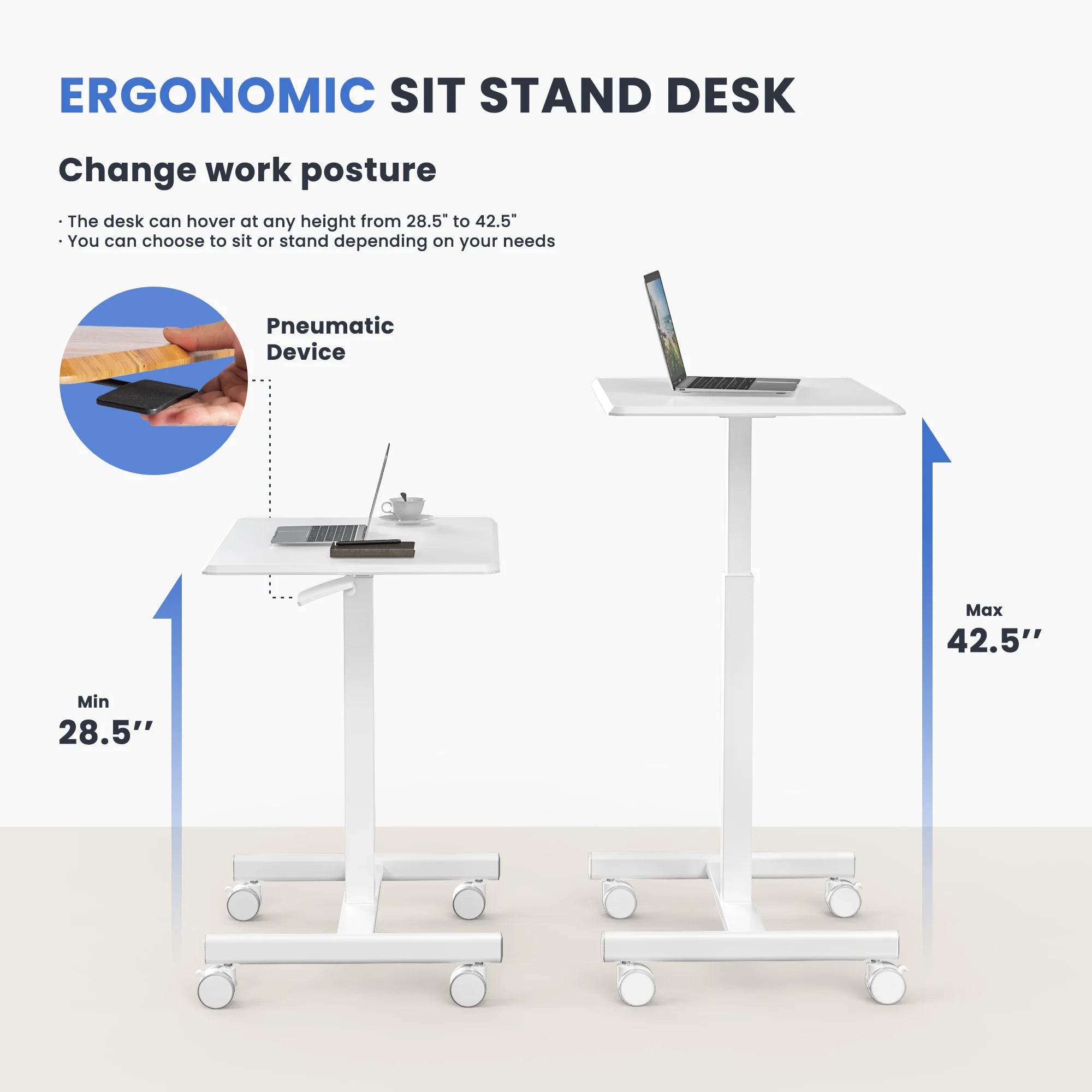 Adjustable Mobile Standing Desk with Wheels for Laptop Work