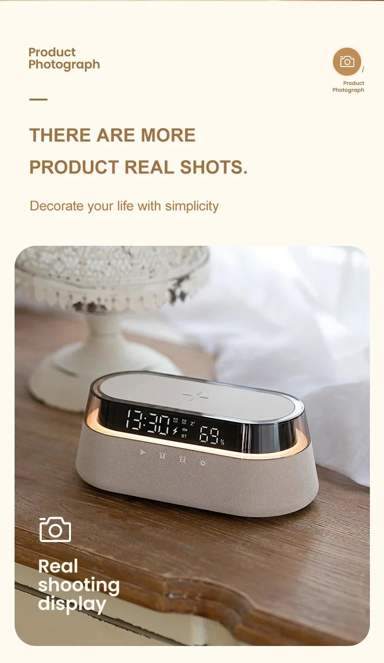 6-in-1 Smart Alarm Clock - 15W Wireless Charger, Bluetooth Speaker, FM Radio, Dual Alarm, USB Charger & RGB Night Light