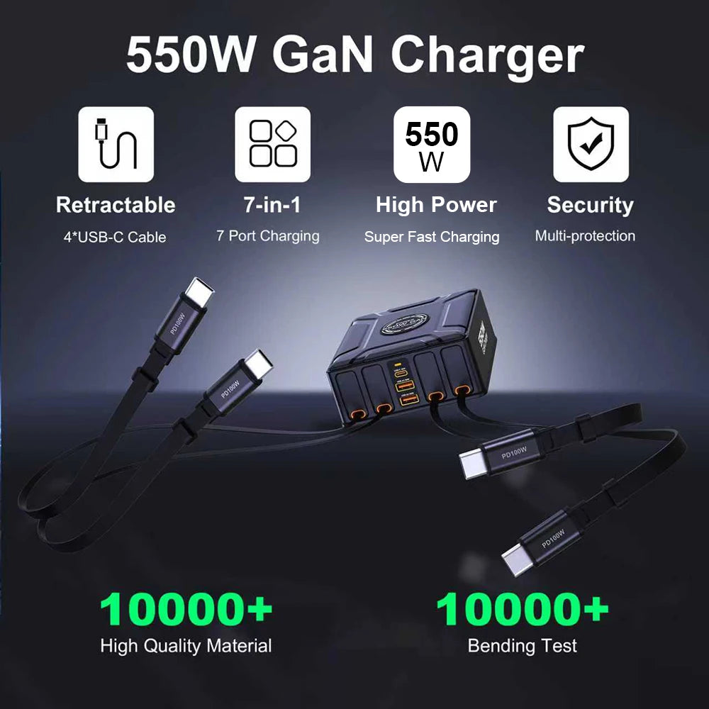 Nabíjacia stanica 7 v 1 s výkonom 550 W a 100W vysúvateľnými USB-C káblami