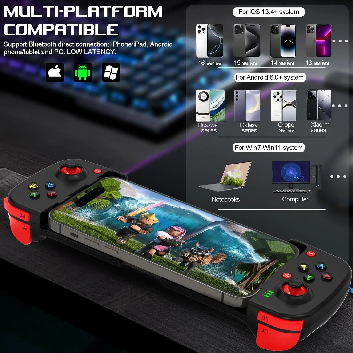 D3 Retractable Wireless Game Controller for Phone, Switch, PS3, PS4, PC