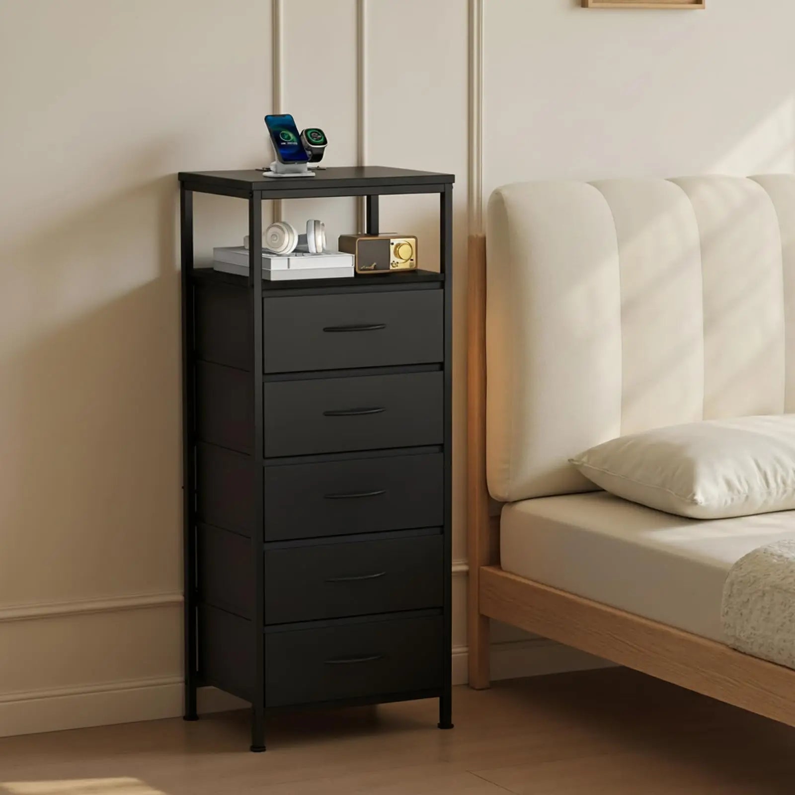 5-Drawer Nightstand with Charging Station, LED Lights & Storage