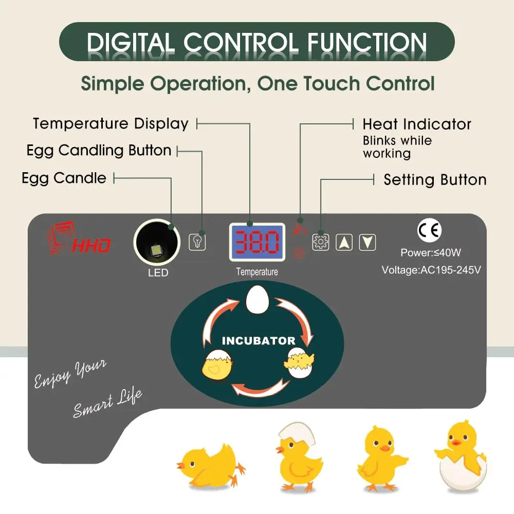 12 Egg Incubator with Auto Turning, Temperature Control & Candler