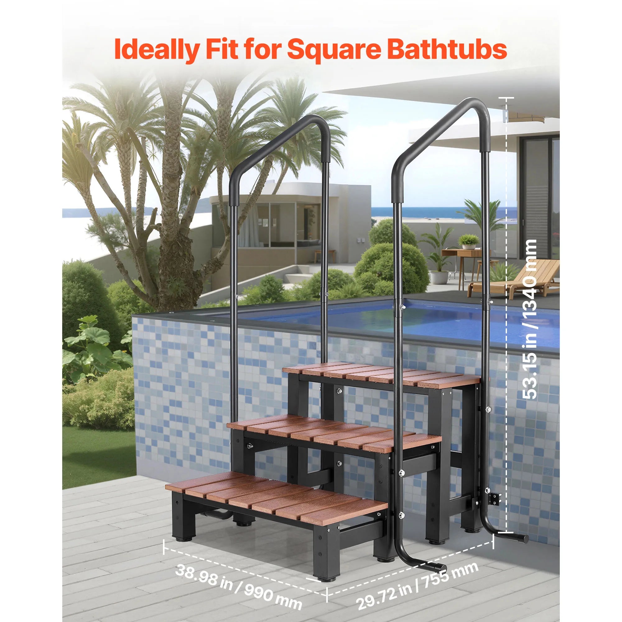 Escalier de spa SucceBuy 550 lb avec rampe, 3 marches, largeur 25,2 pouces, pour spa hors sol/gonflable, échelle de piscine pour porche, patio et remorques