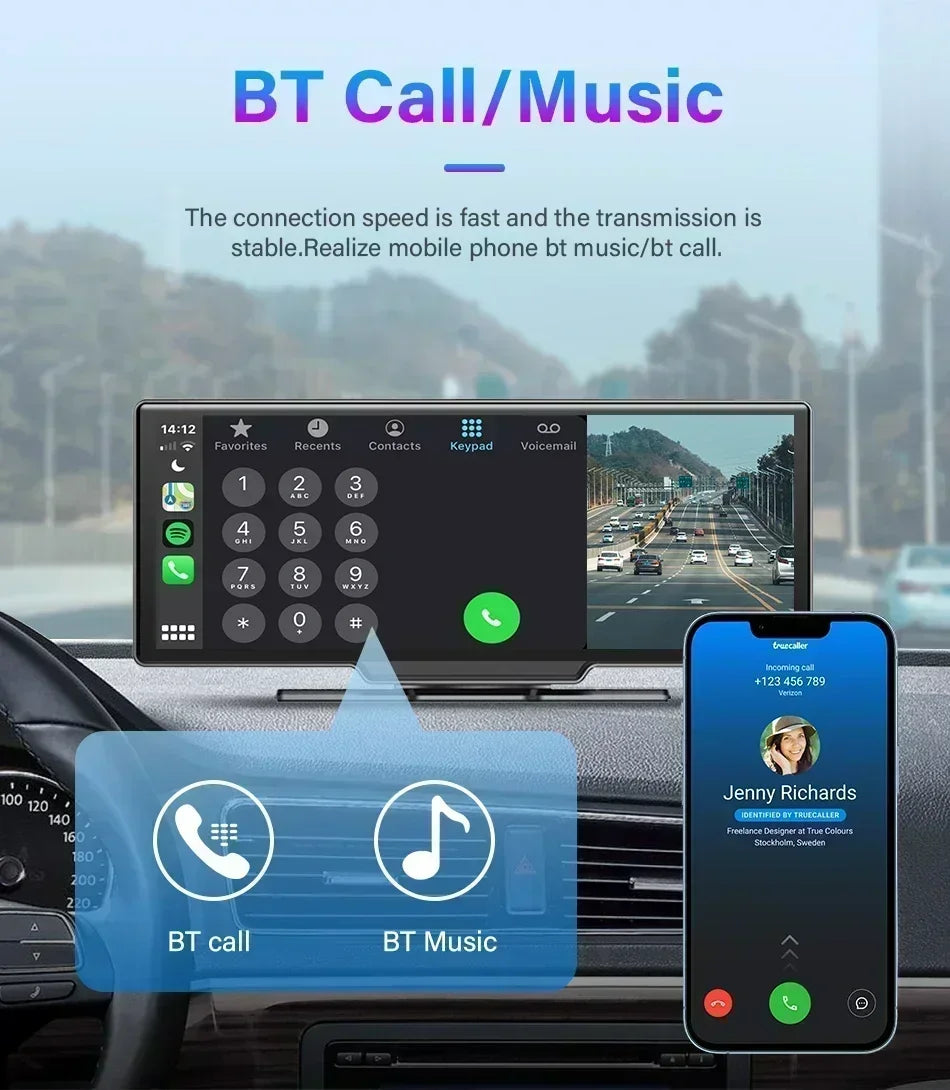 10.26 Inch Dash Cam Rearview Mirror Display with Wireless CarPlay and Android Auto, 4K Front and 1080P Rear Recording