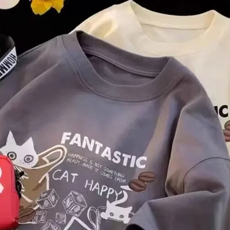 New Summer Korean Style Fun Cartoon Print T-shirt Man Women Unisex Oversized Plus Size Tshirt Trendy Tees Large Size Universal